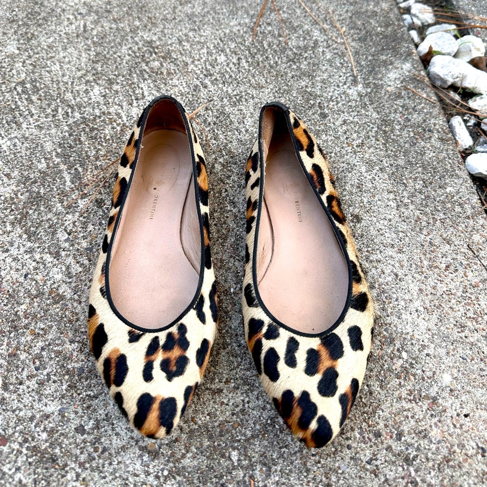 Mercanti Fiorentini Leopard Print Pony Hair Pointed Toe Ballet Flat Shoes 6.5